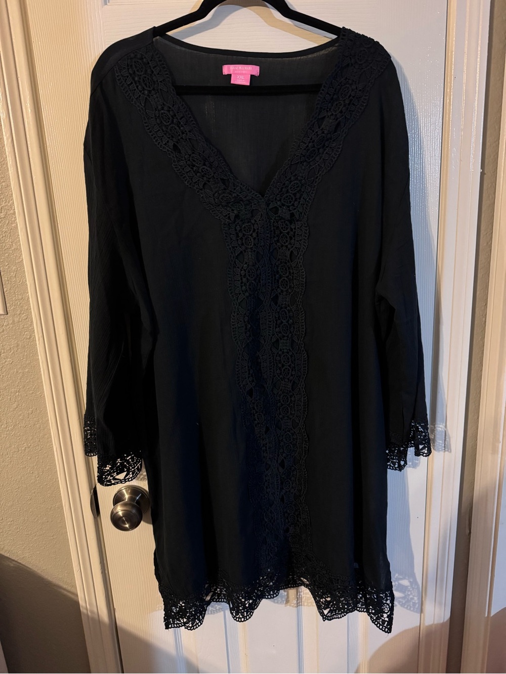 Isaac Mizrahi BLACK Lace-Trim V-Neck Tunic/Dress/Cover-Up Sz XXL EUC Cotton body